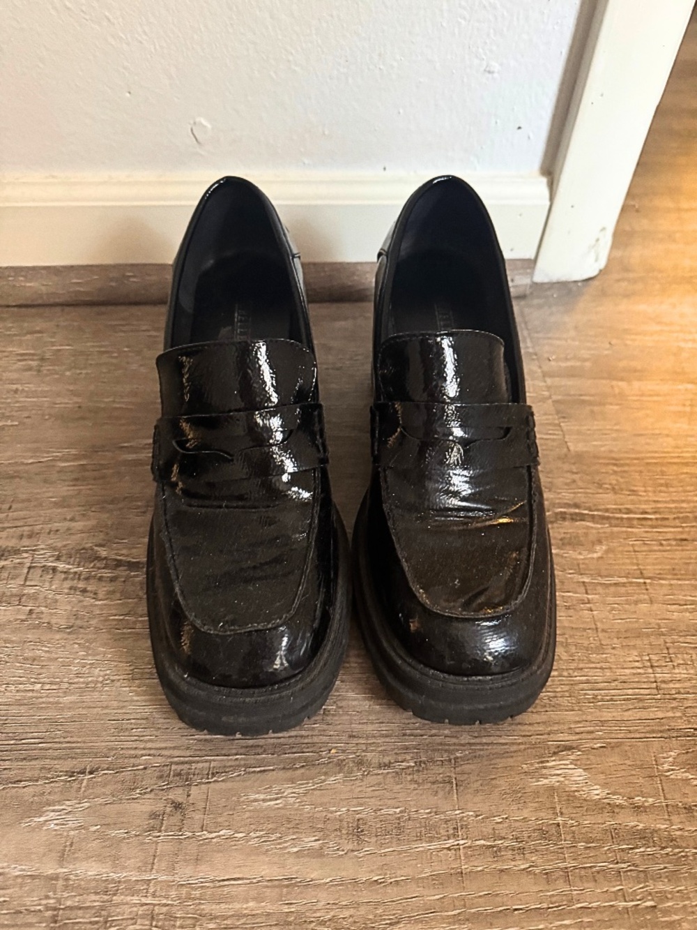 Shellys London Black Patent Chunky Platform Penny Loafers
